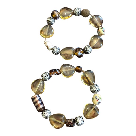 Boho Amber/Brown/Silver Chunky Beaded Stretch Bracelet - Picture 2 of 15